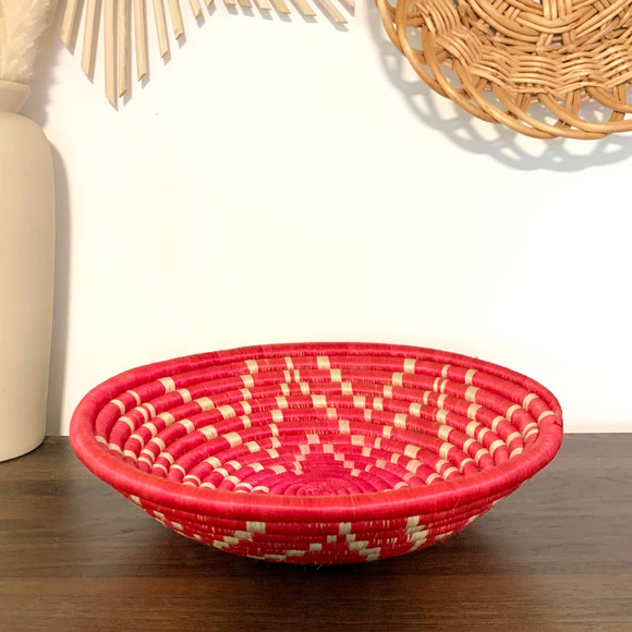 Woven Seagrass Pink Tan Bowl Tray Wall Basket Boho